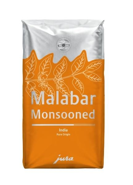 Un paquete de café Malabar Monsooned. Es naranja y plateado con texto.