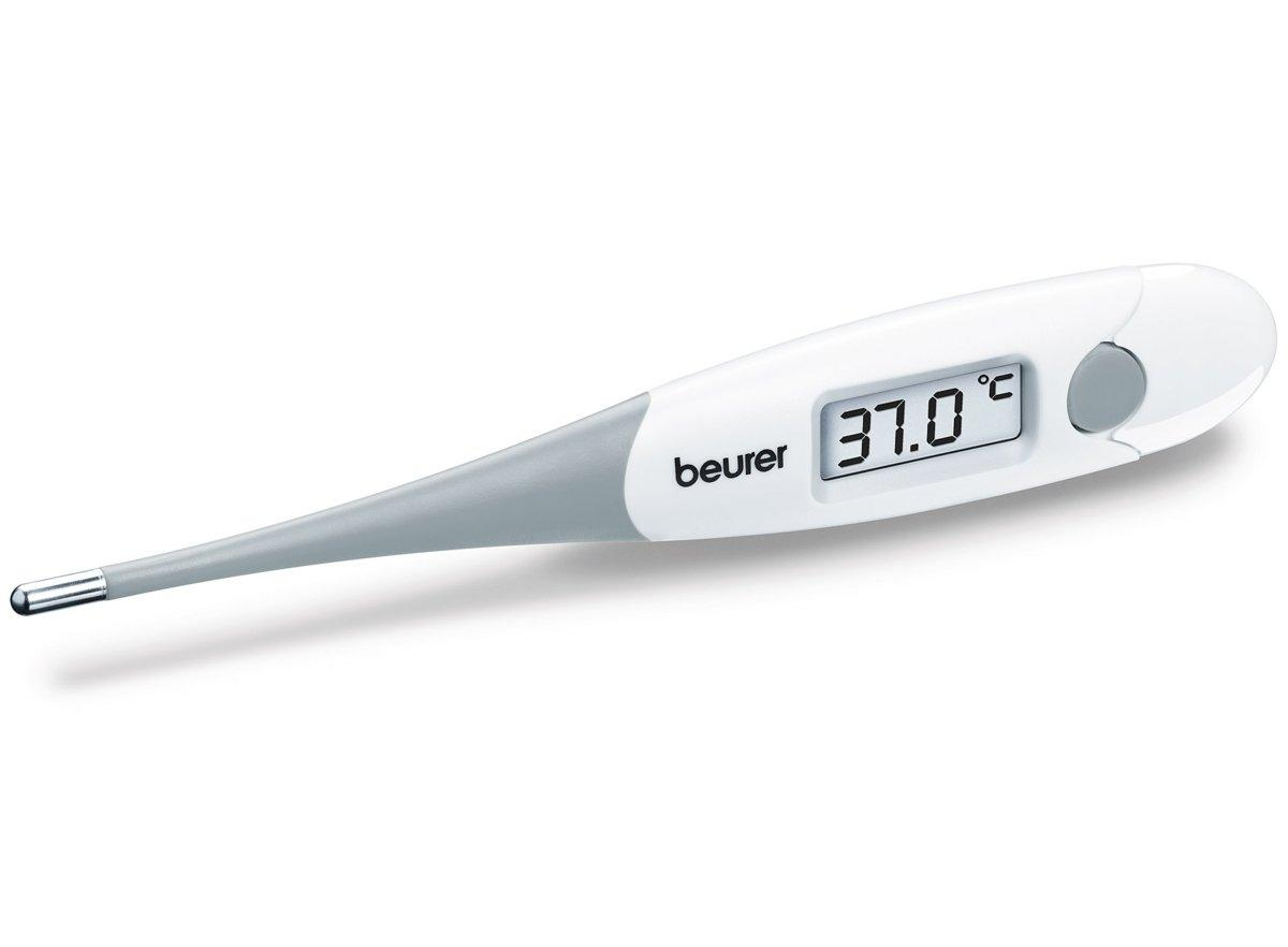 Un termómetro digital blanco y gris con la pantalla que muestra 37.0 grados Celsius.