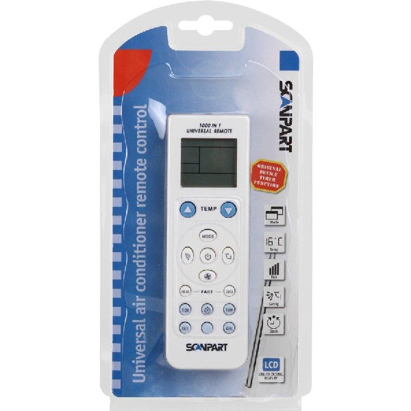 Un mando a distancia blanco en un embalaje de plástico con botones y una pantalla digital.