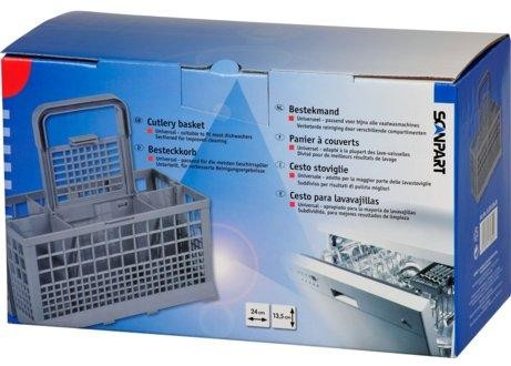 Una caja azul con una cesta de cubiertos gris. El texto en varios idiomas está en el lateral.