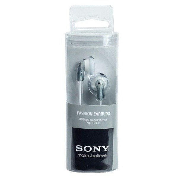 Auriculares en un estuche de plástico transparente con una etiqueta que dice 'Fashion Earbuds Stereo Headphones'.