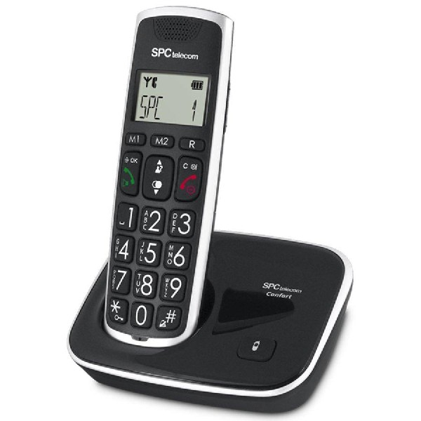 Un teléfono inalámbrico en blanco y negro con pantalla y botones grandes, sobre una base.