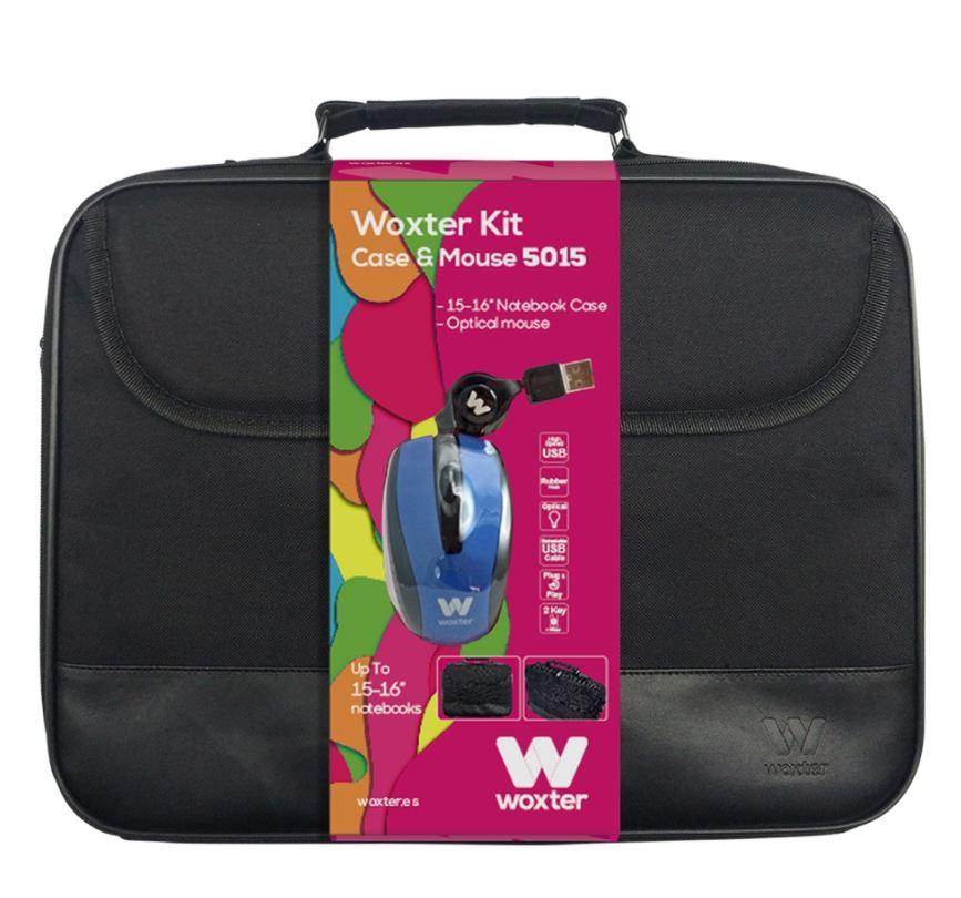 Kit maletín + ratón - Woxter 5015, ratón óptico, maleta de nylon, 10 a 15", Azul y negro