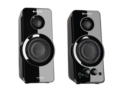 Dos altavoces negros con detalles plateados, sobre fondo blanco. Cada uno tiene dos altavoces.