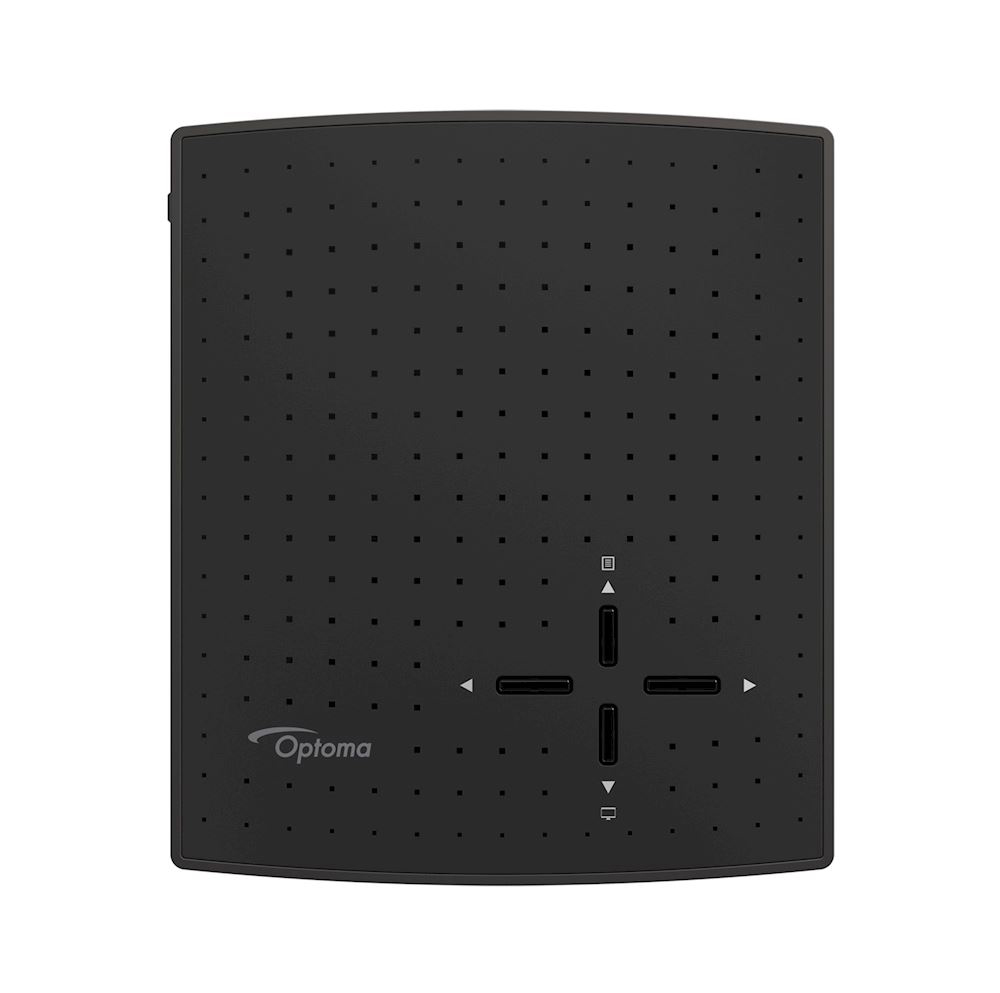 Schwarze Optoma-Projektor-Fernbedienung mit Richtungstasten auf schwarzer Oberfläche.