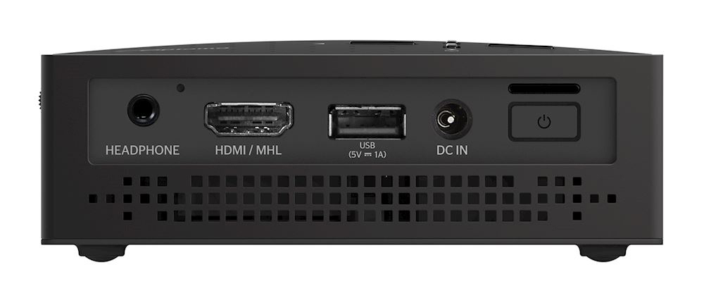 Schwarze Geräterückseite mit Kopfhörer-, HDMI-, USB-, DC-Eingangsanschlüssen und einem Netzschalter, vor schlichtem Hintergrund.