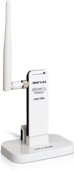Adaptador WiFi TP-Link blanco con antena, sobre base blanca.