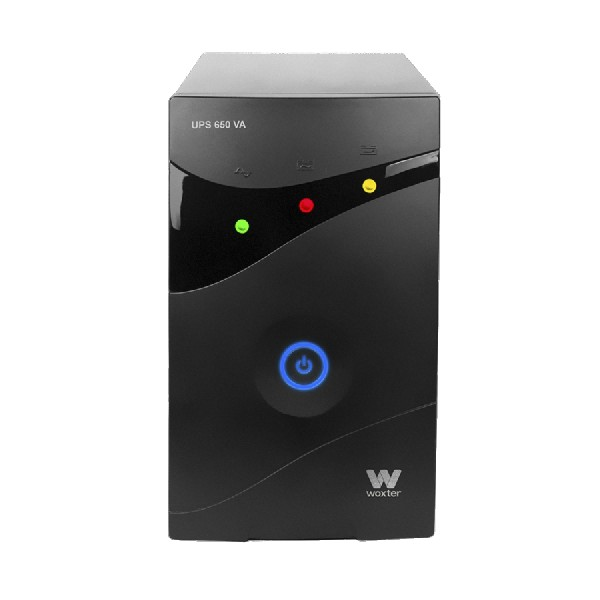 Unidad de fuente de alimentación UPS 650 VA negra con luz verde, roja y amarilla.