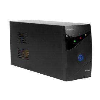 Dispositivo UPS negro. Forma rectangular, ventilación en el lado izquierdo. Luces y botón al frente.