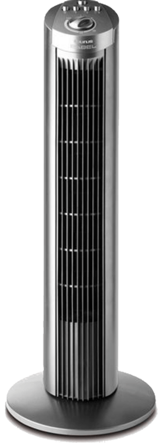 Un ventilador de torre plateado con base redonda. Tiene lamas verticales y un panel de control en la parte superior.