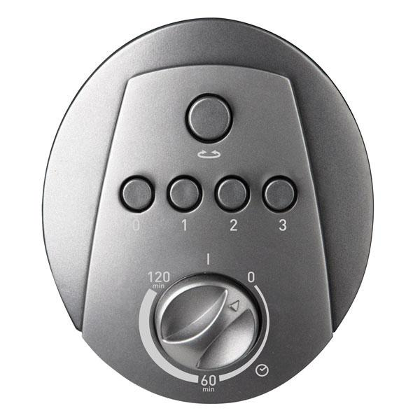 Panel de control gris con botones y un dial para un electrodoméstico de cocina.