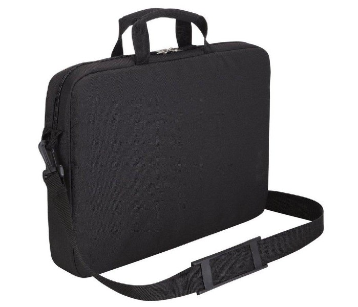 Una bolsa negra para portátil con bandolera sobre fondo blanco.