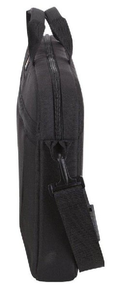 Bolsa para portátil negra, vista lateral. Tiene un asa y una correa para el hombro.