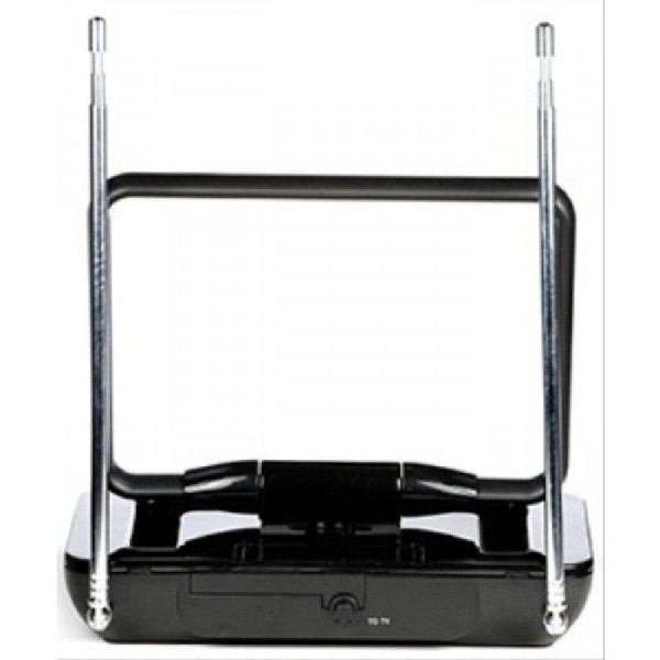 Antena de TV negra con dos varillas extensibles.