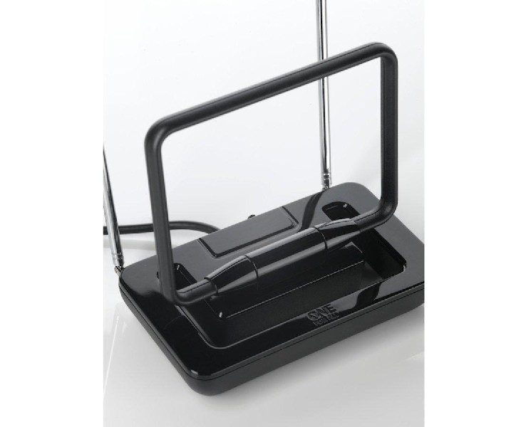 Una antena de TV negra con un bucle rectangular y dos antenas.