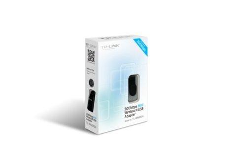 Una caja blanca TP-Link con un adaptador USB Mini Wireless N de 300 Mbps y una imagen del adaptador.