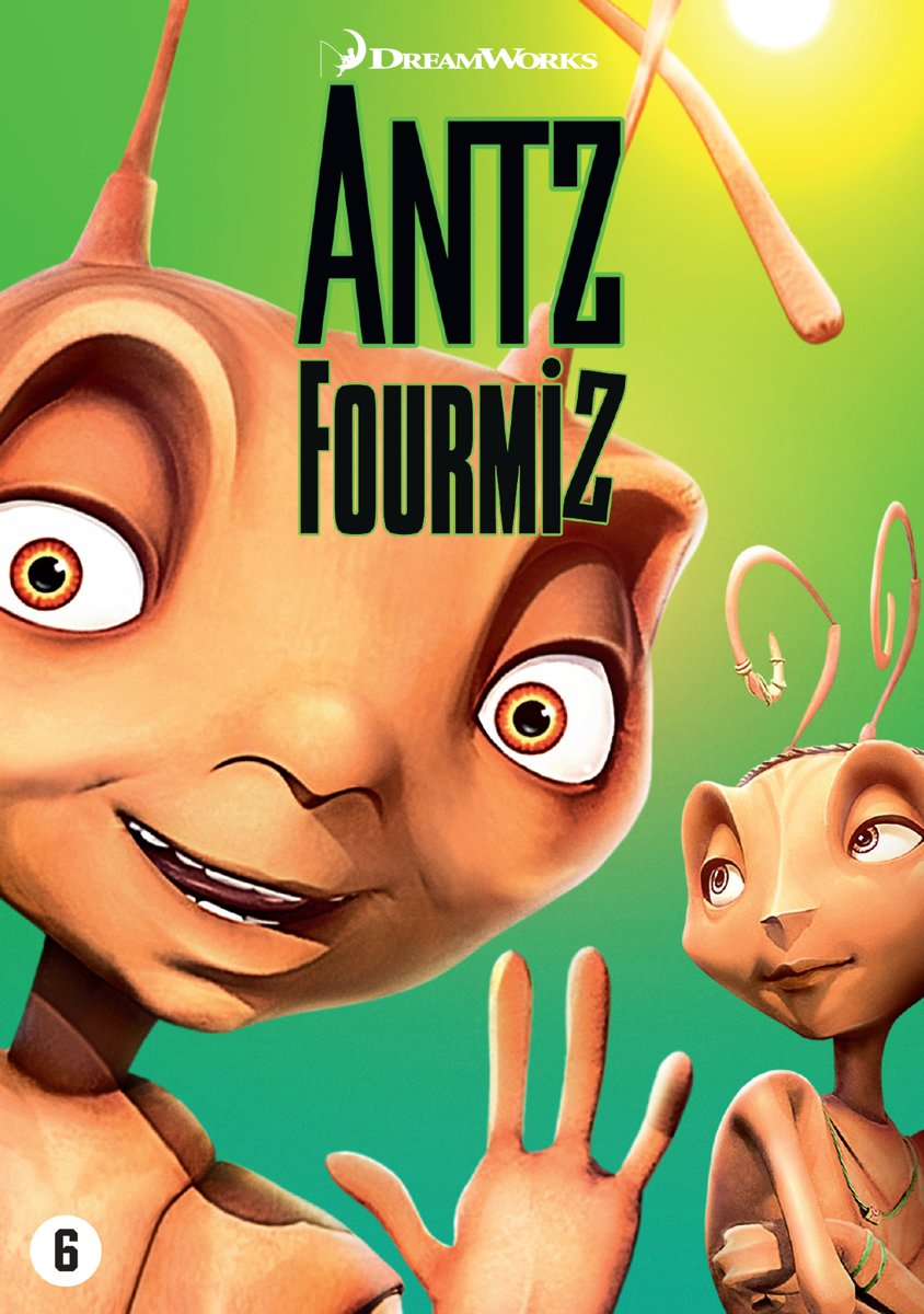 Filmposter voor 'Antz' met geanimeerde mieren, groene en oranje tinten.