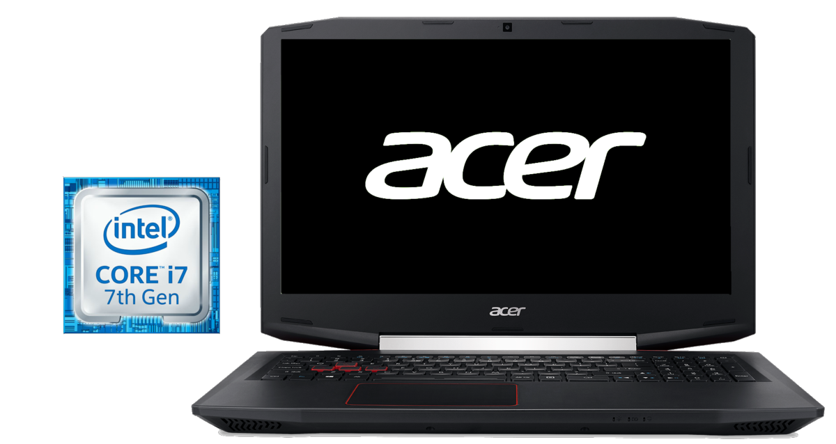 Ordenador portátil negro con 'acer' en la pantalla. Pegatina Intel core i7 a la izquierda. Fondo negro.