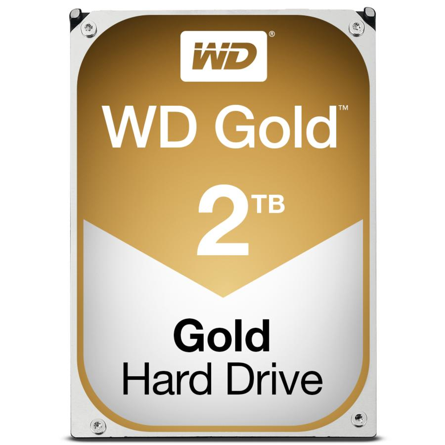 Disco duro con etiqueta dorada y blanca. La etiqueta dice WD Gold 2TB. Fondo blanco.