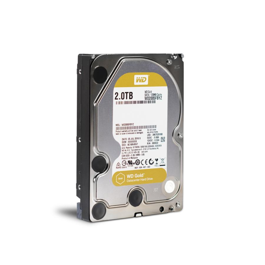 Disco duro interno WD Gold de 2,0 TB sobre un fondo blanco. La unidad es amarilla con texto negro.