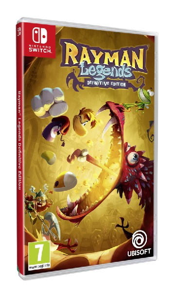Caja del videojuego Rayman Legends. La portada muestra a Rayman y otros personajes con un dragón.