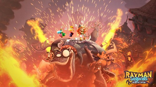 Portada del juego Rayman Legends con personajes sobre una criatura gigante en un entorno de fuego.