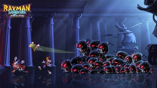 Una escena de videojuego con personajes en un entorno oscuro, muchos enemigos.