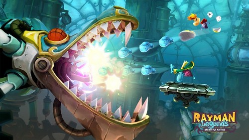 Arte del juego Rayman Legends, un dragón ataca a Rayman. Estilo de dibujos animados. Colores azul y verde azulado.