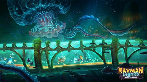 Escena submarina de dibujos animados con personajes corriendo. Una medusa gigante.