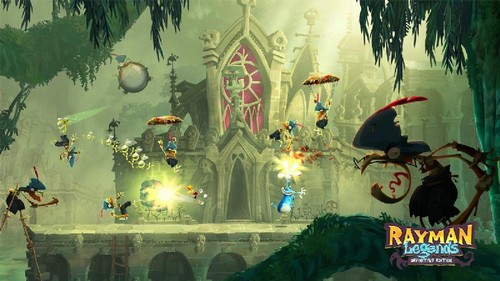 Escena del juego Rayman Legends Definitive Edition con personajes en una jungla.