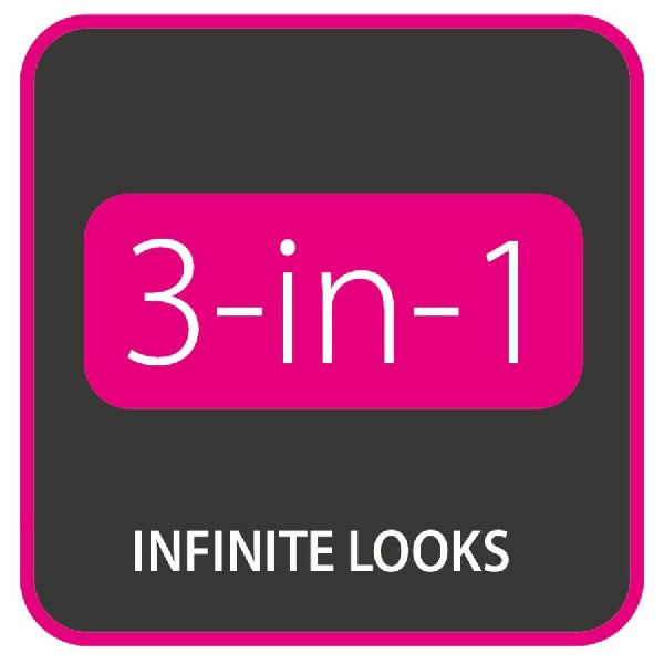 Logotipo cuadrado negro y rosa que dice "3-en-1" y "INFINITE LOOKS".