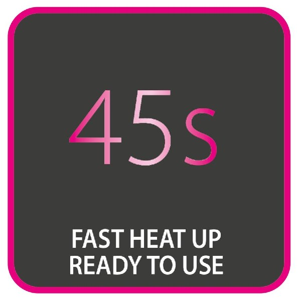 Cuadrado rosa con "45s" y texto "FAST HEAT UP READY TO USE", sobre fondo negro.