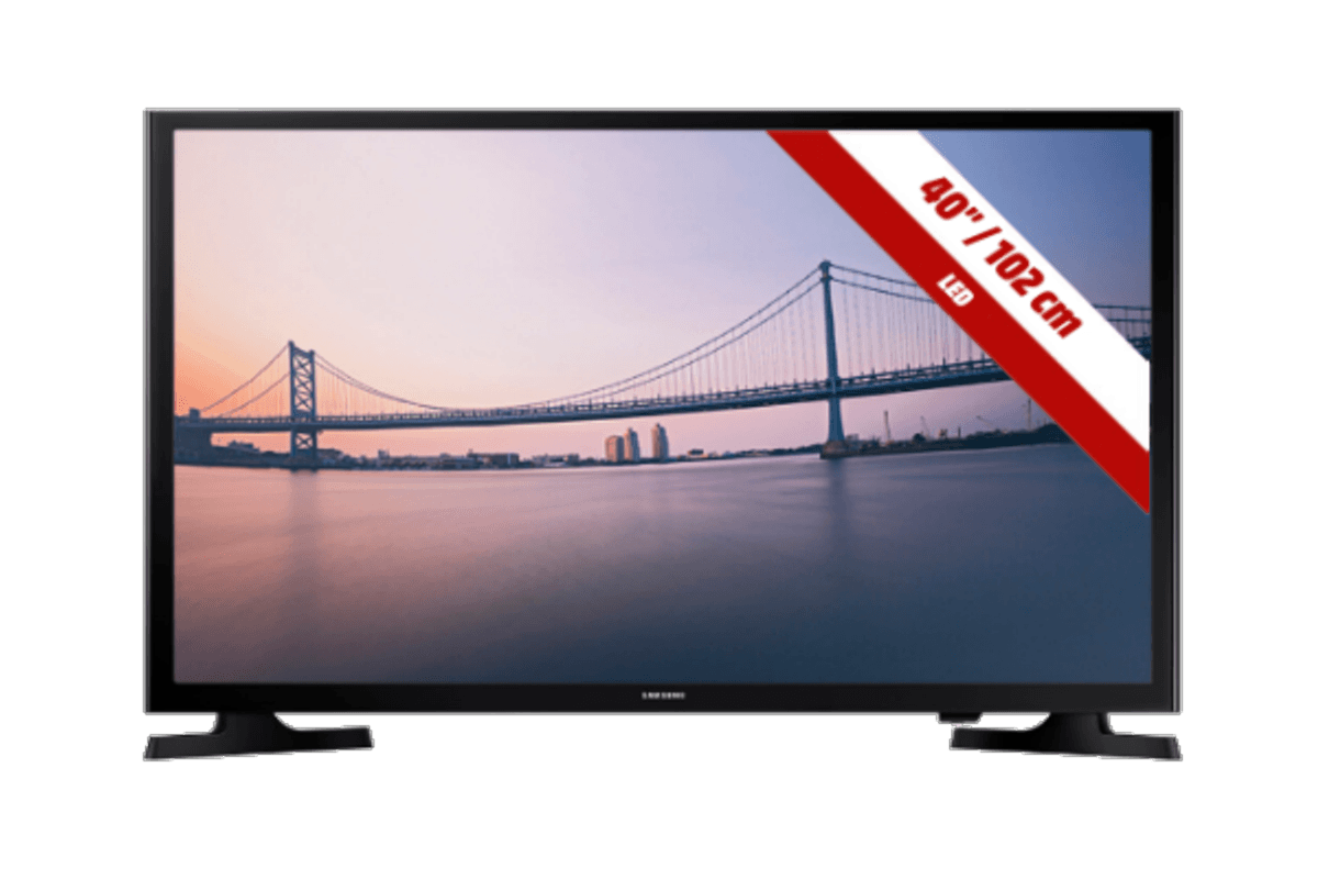 Un televisor Samsung de 40 pulgadas. Bisel y soporte negros. Muestra un puente sobre el agua.