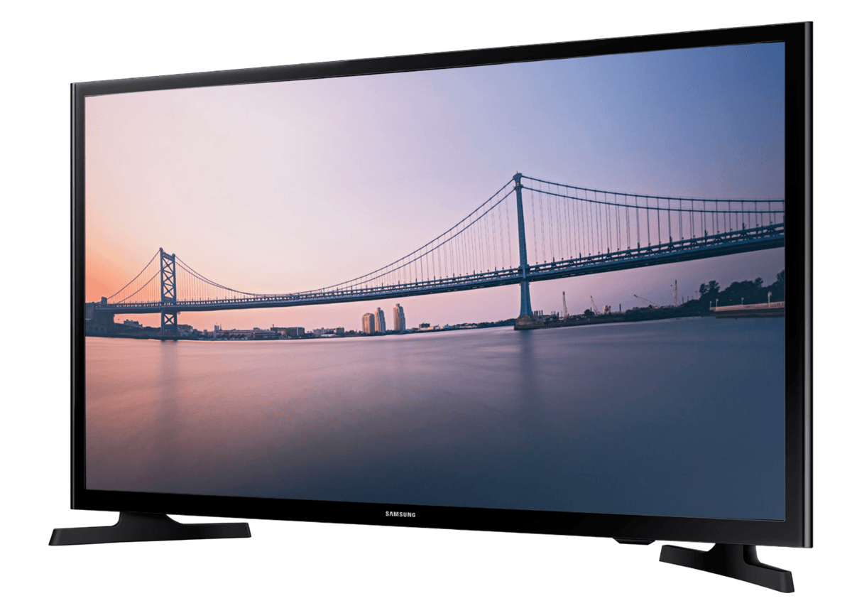 Televisor Samsung negro grande con paisaje en la pantalla. El televisor está sobre un soporte.