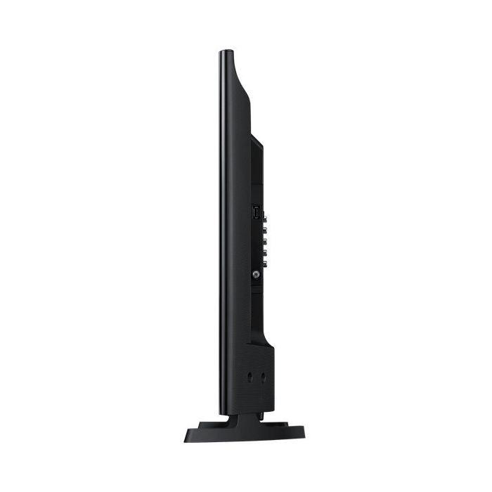 Pantalla de TV negra, vista lateral. Logotipo de Samsung en la parte superior. Perfil delgado. Aislado.