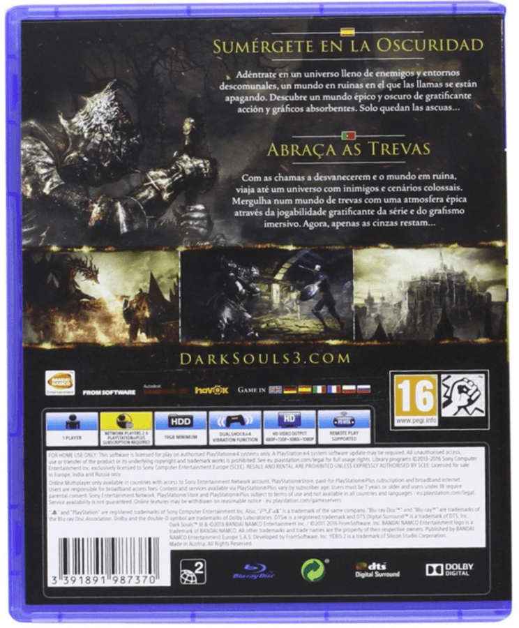 Contraportada de la caja del juego Dark Souls 3 para PS4 con texto e imágenes.