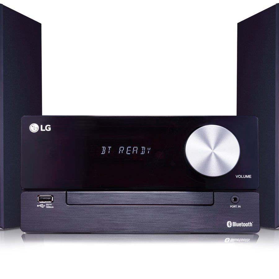 Sistema estéreo LG con unidad central, dos altavoces y función Bluetooth visible en la pantalla.