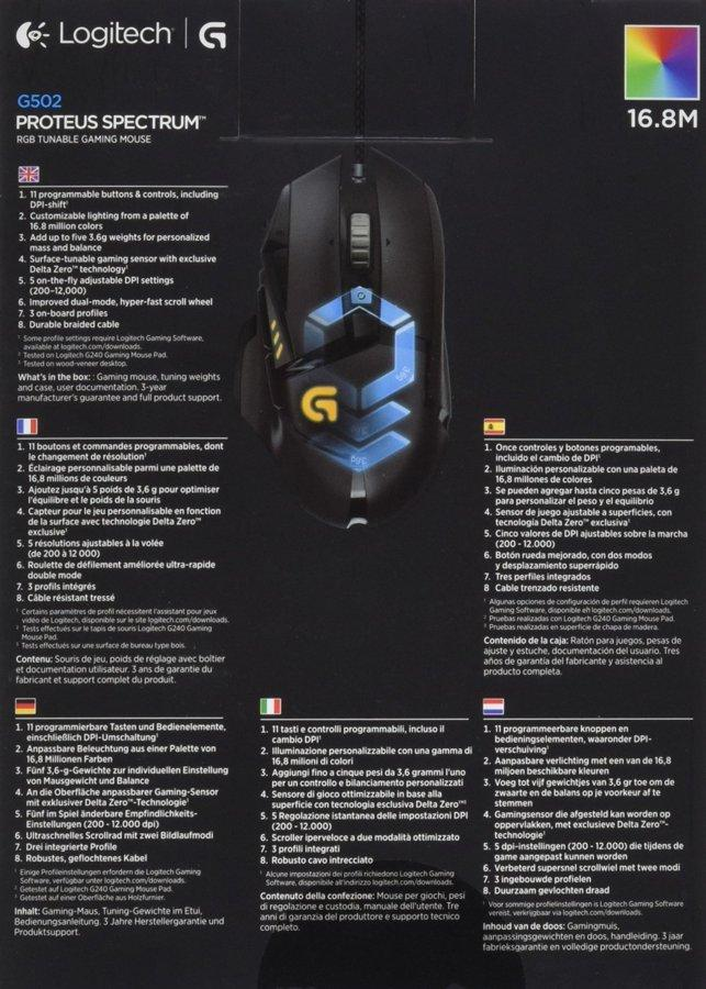 Ratón gaming - Logitech G502, Proteus Spectrum RGB, 12.000 DPI, 11 botones programables, Negro