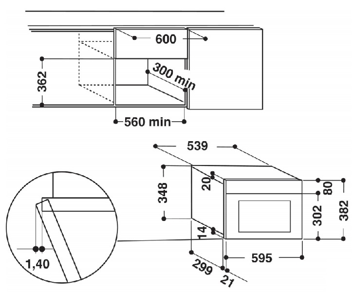Un dibujo esquemático de un horno microondas empotrado, con dimensiones en milímetros.