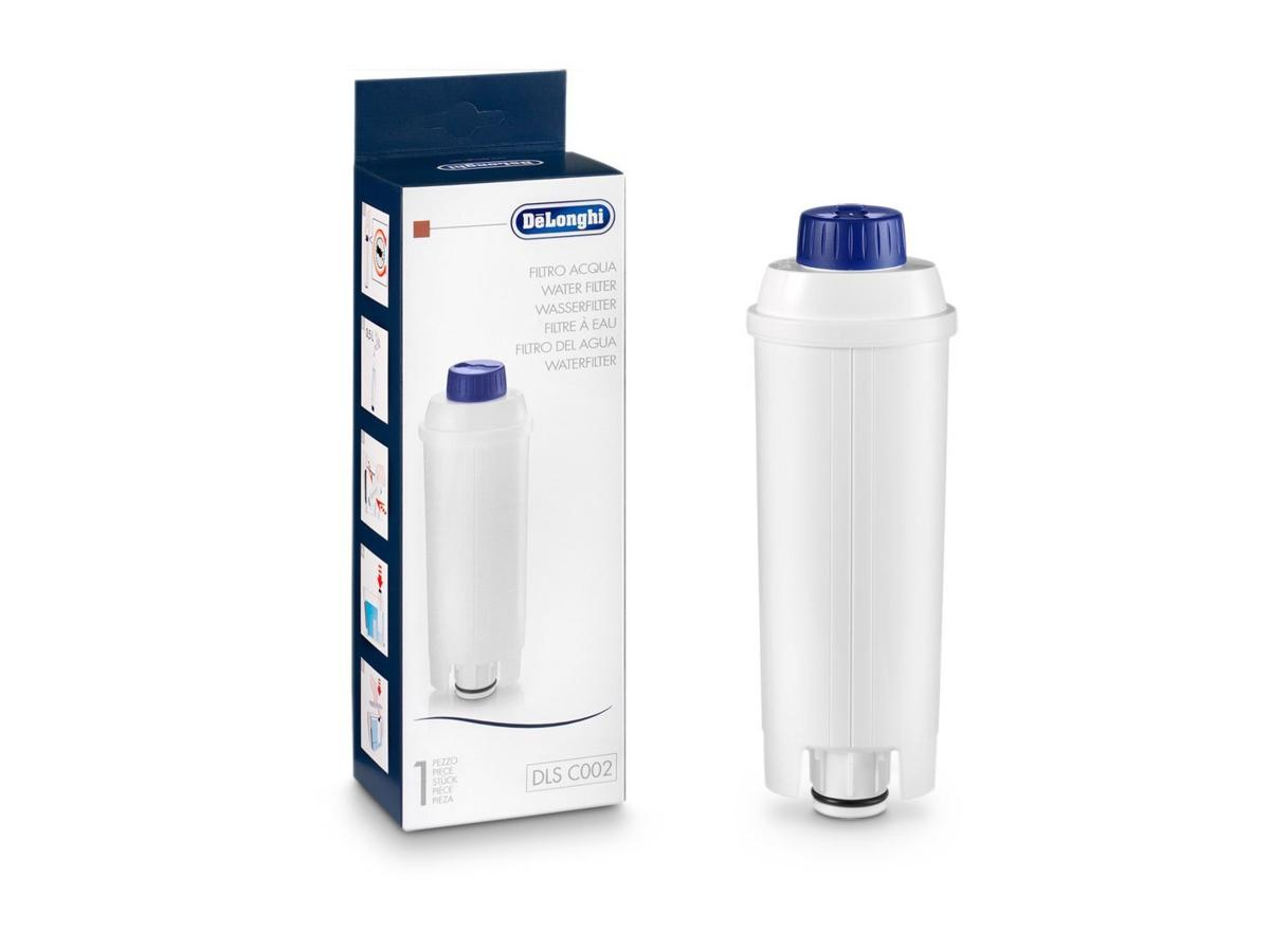 Cartucho y caja de filtro de agua blancos. La caja dice Delonghi. El cartucho es blanco y azul.