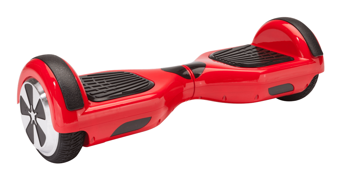 Hoverboard rojo con detalles negros y dos ruedas.