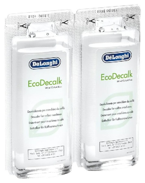 Dos botellas de descalcificador DeLonghi EcoDecalk en un paquete plástico sellado.