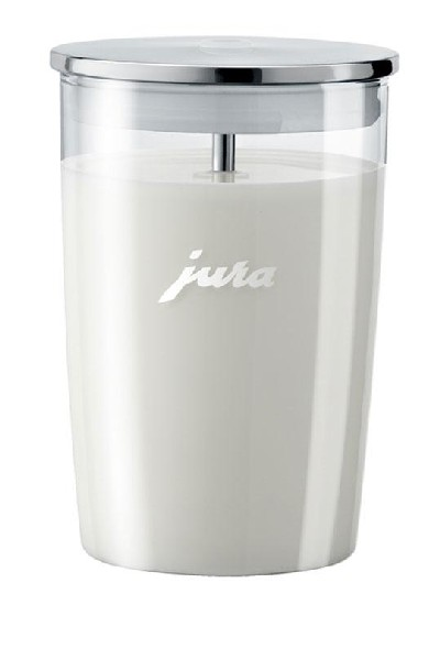 Espumador de leche Jura. Recipiente de vidrio transparente con tapa plateada.