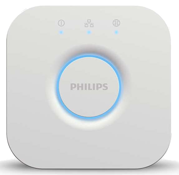 Un dispositivo cuadrado blanco con un círculo azul brillante y la palabra "PHILIPS" en él.