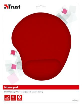 Una alfombrilla de ratón roja con reposamuñecas, empaquetada sobre un fondo blanco.