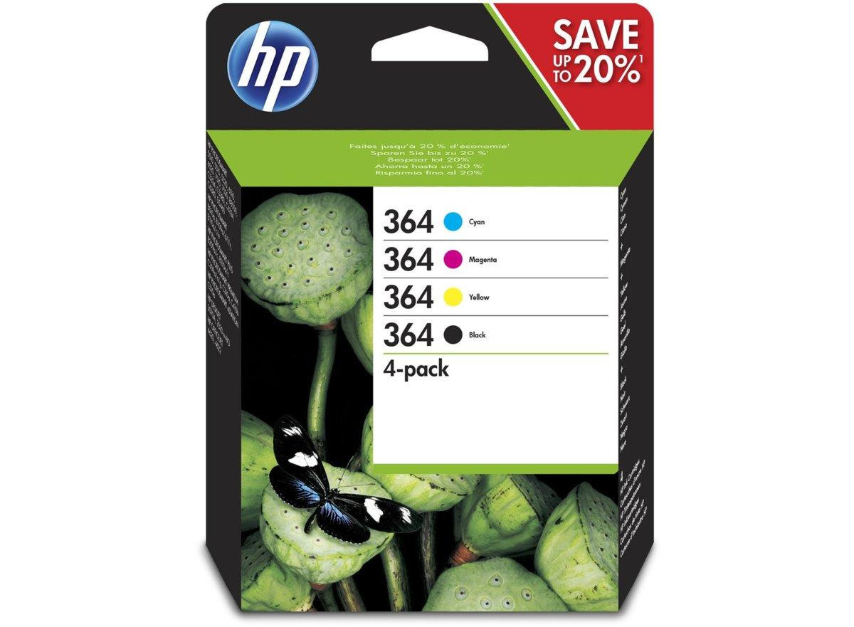 Caja de cartuchos de tinta HP. Tiene una mariposa y semillas de loto. Ahorra hasta un 20%. Contiene tintas cian, magenta, amarilla y negra.