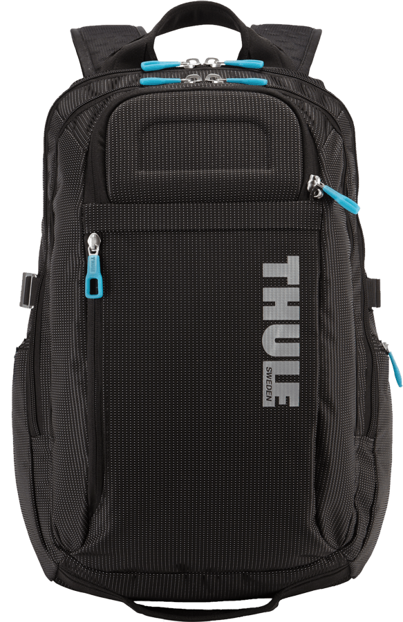 Mochila Thule negra con cremalleras azules y logo al frente.