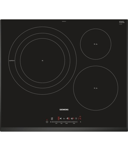 Placa de inducción Siemens negra con tres zonas de cocción.