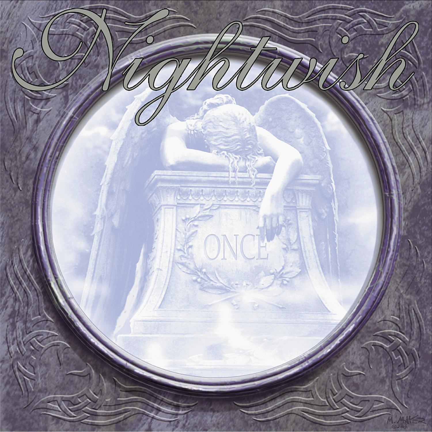 Nightwish-Albumcover. Ein Engel auf einem Steinsockel in einem kreisförmigen Rahmen.