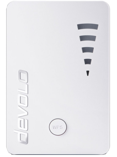 Extensor wifi devolo blanco. El dispositivo tiene un botón WPS e indicadores de señal wifi.
